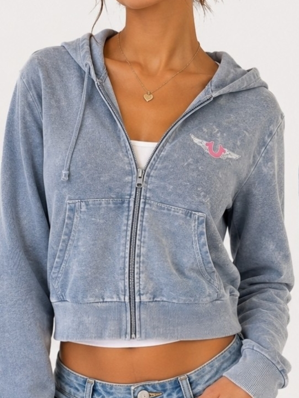 True Religion Cropped Zip-Up Hoodie Acid Wash Blue NWT Size Small